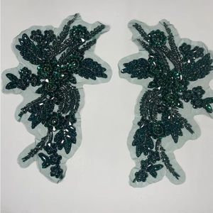 Pair of Deluxe green Rhinestone Bridal Bodice beaded floral motif lace Appliqués